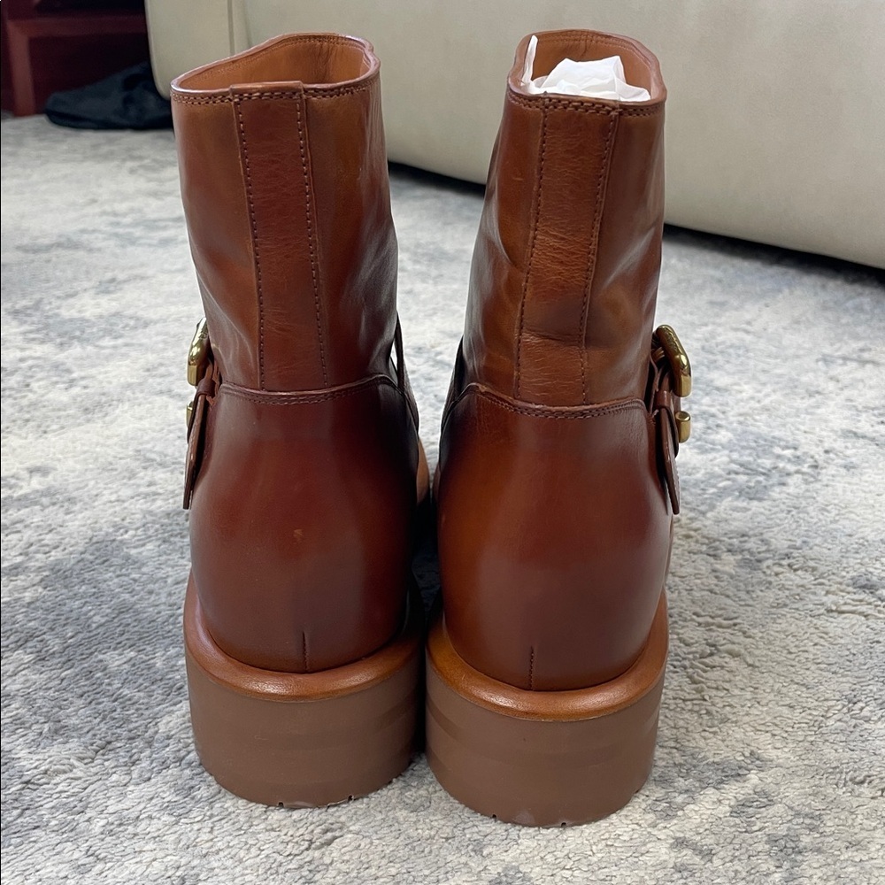 NIB Chloe Coddington Biker Ankle Boots C Buckle Ginger Brown Designer Sz 39.5 - Picture 10 of 15